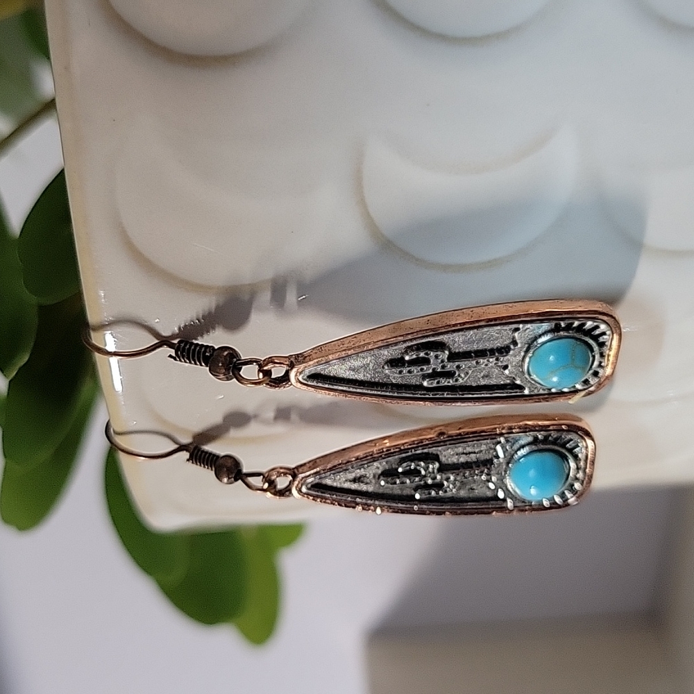 🔥LAST PAIR🔥Cactus and Turquoise Etched Pendant Drop Earrings - Picture 5 of 7